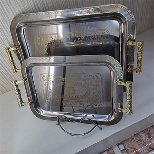 Commercio all'ingrosso stile arabico decorativo di lusso rettangolo in <span class=keywords><strong>acciaio</strong></span> inox Hotel 3 pezzi Set cibo <span class=keywords><strong>vassoi</strong></span> con maniglia - Product Image 3