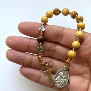Chapelet de poche miniature en bois fait main, vintage, avec breloque Saint Joseph, pour cadeau catholique - Product Image 2