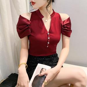 Nouveau T-<span class=keywords><strong>shirt</strong></span> d'été <span class=keywords><strong>original</strong></span> de créateur, <span class=keywords><strong>chic</strong></span>, à épaules dénudées, manches courtes, avec boucle et perles, élégant et tendance - Product Image 3