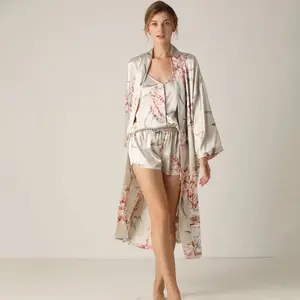 3 parça set seksi pijama kadın yaz ipek askı şort baskı midi uzun dantel-up gecelik seksi pijama loungewear