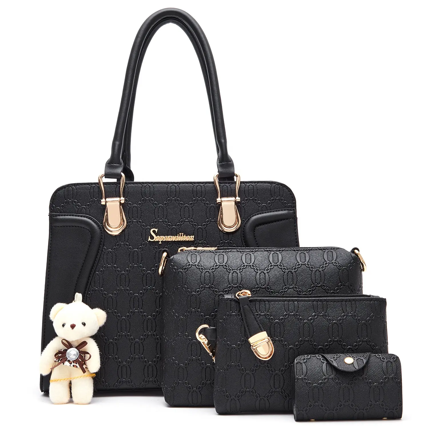 2024 Guangzhou Vintage Dames Handtas Set Custom Groothandel 4 Stuks Lederen Top Handvat Tas Tote Portemonnees Dubbel Handvat Gestreept