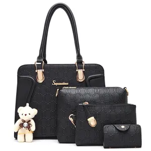 2024 GuangZhou Vintage tas tangan wanita Set Custom grosir 4pcs kulit Top Handle tas Tote dompet pegangan ganda bergaris