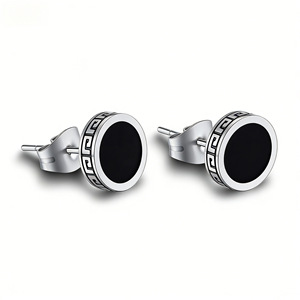 Boucles d'oreilles à clous en acier inoxydable avec incrustation noire à motif géométrique, bijoux de mode - Product Image 1