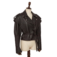 Chaqueta corta de piel de oveja marrón chocolate para mujer, estilo otoño, ecológica, antiarrugas, con cremallera, diseño asimétrico de alas, solapa tipo moto y orificios para los pulgares.