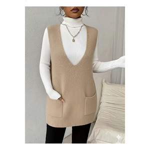 Chaleco de punto con cuello en V profundo y bolsillos para mujer, tallas S M XL, largo 85 cm - Product Image 1