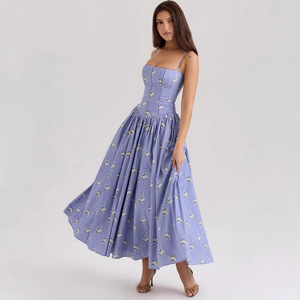 ZHEZHE Elegante <span class=keywords><strong>Abito</strong></span> Lungo Floreale con Design Sottile e Aura Feerica, Vestito Estivo Vintage Europeo-Americano per Donne - Product Image 3
