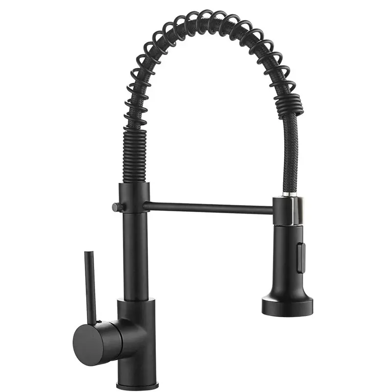 Zwart 360 Roterende Hot Koud Water Mixer Pull Down Sproeier Kranen Enkele Handgreep Messing Voorjaar Aanrecht Kraan