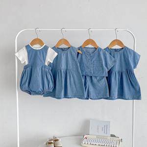 ベビーボディスーツ,カジュアルノースリーブロンパードレス新生児女の子薄手デニムピュアカラー - Product Image 4