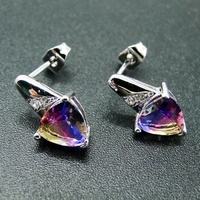 Pendientes de Plata de Ley 925 con Baño de Rodio y Piedra de Ametrino de Corte Triangular, para Compromiso, Boda o Aniversario