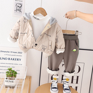 Automne hiver enfants épaissi costume chaud garçons à capuche imprimé ours veste Base chemise pantalon 3 pièces ensemble beaux enfants vêtements - Product Image 2