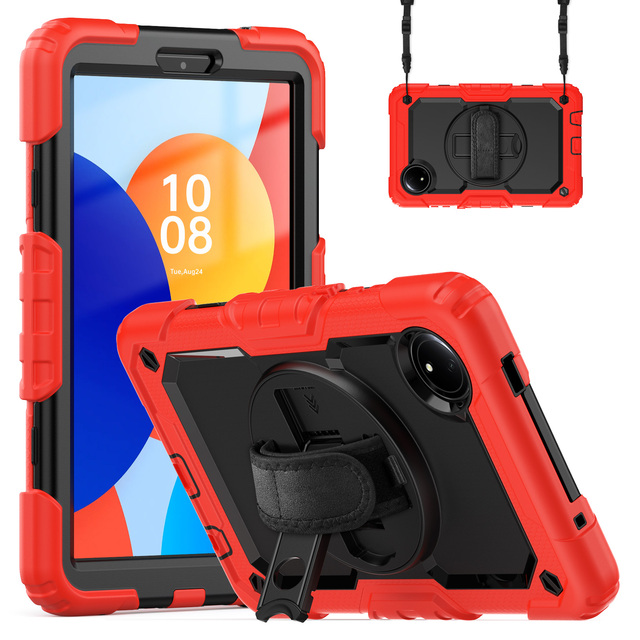 Full Body Rugged Protective Tablet Case for Redmi Pad SE 8.7'' 2024 Hybrid Kickstand 360 Rotation Shoulder Belt Heavy Duty Cover