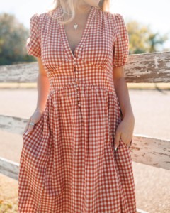 Women's <strong>Red</strong> White <strong>Gingham</strong> v Neck Puff Sleeve High Waist Maxi Dress for Vocation or Daily Wear - Product Image 3