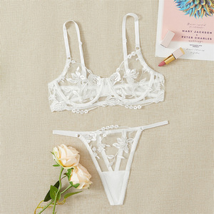In Stock Hot Sexy Perspective Underwear Flower Embroidery Lingerie Two Sets - Product Image 6