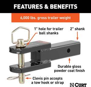 45821 Black Power Coat <span class=keywords><strong>Chape</strong></span> Pin Hitch Ball Mount Convient au récepteur de 2 pouces 6,000 lbs Trou de 1 pouce Nouvelles remorques en acier d'occasion - Product Image 3
