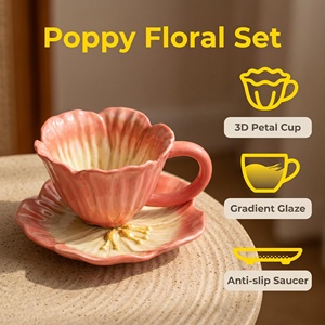 Juego de Taza y Platillo de Cerámica con Forma de Flor en Degradado Rosa Pastel, Superventas y Creativo |   Floral Bonito - Product Image 2