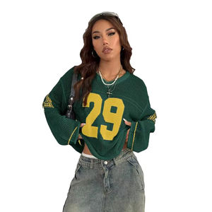 Fashion <b>Green</b> <b>Mesh</b> Knit Jersey <b>Top</b> Sleeve Design Women Loose Streetwear Pullover Sweater Custom Sweater Crochet Hockey Jersey - Product Image 2