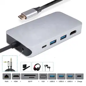 USB רכזת C, 10 ב 1 USB סוג C כדי HDMI VGA ממיר, RJ-45 Ethernet SD/TF זיכרון כרטיס קורא עבור MacBook Pro 20