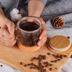 Bambu Fiber kahve fincanı bambu kapaklı çift duvar yalıtımlı cam kahve çay bardağı mantar alt ile, en iyi noel kupa hediye