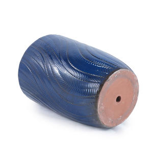 Glazed Ceramic Flower Pot Cobalt <b>Blue</b> Wavy <b>Feather</b> Embossed Texture Indoor Outdoor Garden Planter Drainage Hole Eco-Friendly - Product Image 4