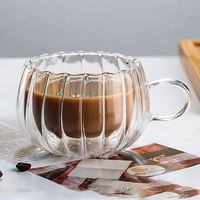 Tasse à café en verre à double paroi en forme de citrouille, mug en verre à rayures verticales avec poignée pour thé, latte, cappuccino