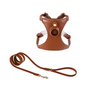 Hot Selling PU Leather Adjustable Air Tag Pet Dog Harness With Single Handle Leather Dog Leash