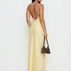 Robe longue élégante en satin jaune sur mesure, fines bretelles spaghetti, col en V, robe moulante pour soirée, mariage, pour femmes - Product Image 1