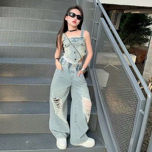 Nouvelle mode 2 pièces ensembles de vêtements pour filles gilet en denim solide sans manches + pantalon en jean déchiré pour les tenues d'été et d'hiver pour les adolescentes - Product Image 6