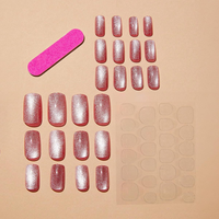 Ongles press-on de luxe réutilisables effet œil de chat, longueur moyenne, rose, emballage personnalisé, forme amande, couleur unie, pointe œil de chat