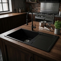 Évier de cuisine à montage supérieur, simple bac, en granit noir, résistant aux rayures, en pierre dure durable, avec plateau, design moderne