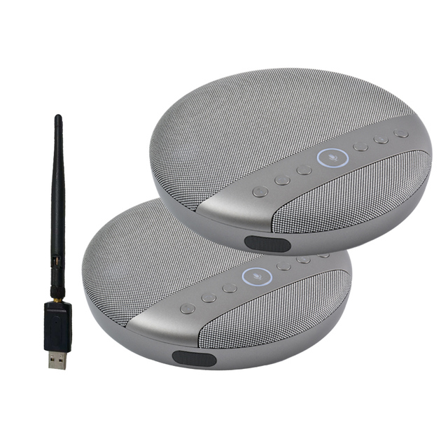Dual Wireless Daisy Chain Speakerphone 7m Pickup for Large Conference Rooms 360° AI Mic Array for Zoom & Teams Boardrooms
