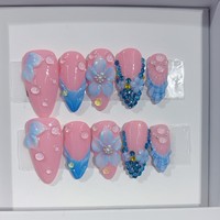 Set Kuku Almond Press On Buatan Tangan Gradasi Pink Biru Bunga 3D Berhias Rhinestone 10 Pcs Tema Lautan Kuku Almond Press On