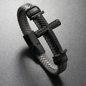 Hot-Selling Bohemian Retro Style Men's Woven Bangles High Quality Real <b>Leather</b> Cross Design Jewelry for Gift - Product Image 4