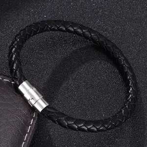 4 Colors Men Women Jewelry Braided Leather Bracelet for Female Male S.Steel Magnetic Clasp Leather Wristband Bracelet New Gifts