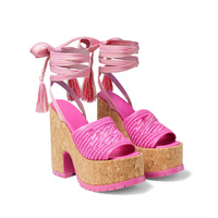 2024 personnalisé concepteur femmes été sandales à talons semelle épaisse bois plate-forme bride à la cheville dentelle Sexy plage semelle compensée PU matériel