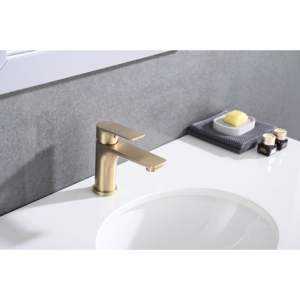 Grifo de lavabo monomando de oro cepillado con válvula cerámica, de un solo orificio, montado en encimera, estilo contemporáneo - Product Image 3