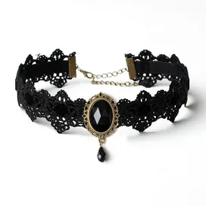 Students Girls Fashion Ethnic Style Vintage Gothic Velvet Lace Gemstone Choker Collar Necklace Jewelry Women