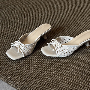 White Square Toe Heeled <b>Sandals</b> With <b>Bow</b> Decoration Breathable Faux Leather Mid Heel Slip-On Elegant Summer Drop Shipping - Product Image 2