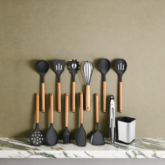 Eco-Friendly Heat Resistant Non-Stick Cookware Set Silicone Kitchen Gadgets Includes Spatula Strainer Eggs Wooden Handle
