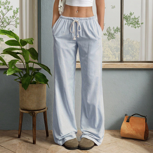 OEM nouveauté pantalon de pyjama en popeline de coton des années 60 taille haute coupe ample anti-rides bouton plat rayures roses à carreaux teints - Product Image 3