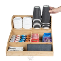 Organisateur de station à café moderne en bambou naturel écologique, support de rangement multi-compartiments pour condiments, tasses et couvercles, accessoire de bar à café