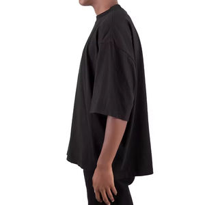 T-shirts décontractés noirs à col rond en coton épais, coupe oversize et épaules tombantes, pour hommes, vente en gros - Product Image 2