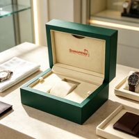 Boîte à montre en bois recouverte de cuir PU vert, doublure en daim beige, logo personnalisé, couvercle à charnière pour le rangement et l'emballage de montres de luxe