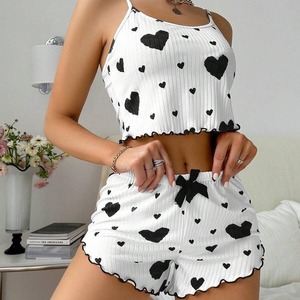 Venta caliente de las señoras Homewear Heart Printing Suspender Shorts Casual Sunken Stripe Prendas de abrigo Pijamas de mujer - Product Image 4