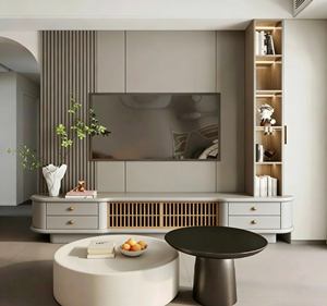 Minimalist Oriental-Style <b>TV</b> Stand - Sleek Living Room Furniture with Wooden Grid Accents & Integrated Storage Organization - Product Image 1