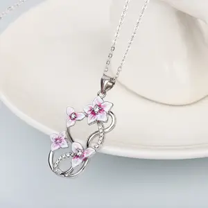Perhiasan Modis KYNL0339 Buatan Tangan Enamel Indah Bentuk Kalung Sakura untuk Wanita