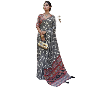 Impresionante Sari de crepé negro con blusa, estampado digital para eventos, vestidos elegantes - Product Image 1