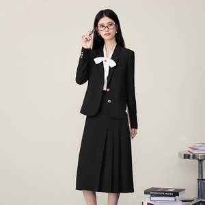 Women's Black Suit Set Midi Skirt Full Sleeve Office Lady Anti-Wrinkle Polyester Spring Autumn Formal Work Attire - Product Image 1
