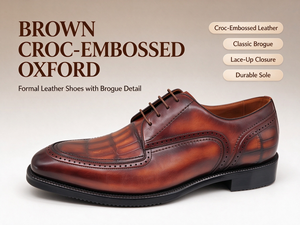 Chaussures Oxford marron pour hommes en cuir véritable gaufré croco, à lacets, habillées, classiques, style Brogue, doublure en peau de porc, semelle en caoutchouc durable - Product Image 1