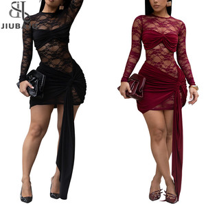 Váy liền thân ren xuyên thấu gợi cảm mùa xuân dành cho nữ, tay dài, phối ren xếp ly - Product Image 1