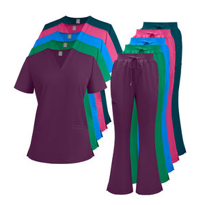 2025 Touchhealthy vente en gros soins infirmiers gommage costumes à la mode respirant col en v uniformes large Flare pantalon tissu peigné - Product Image 1